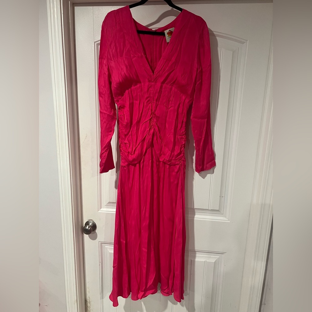 NWT FARM RIO Long-Sleeve Ruched-Waist Midi Dress Pink Fuchsia Sz Large